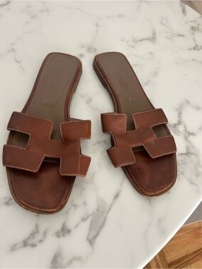 Hermes Brown Oran Leather Slide Sandals